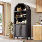 Bibliothèque en rotin arquée, étagère noire arquée avec portes, bibliothèque incurvée en bois, bibliothèque haute à 5 niveaux avec dessus rond pour salon