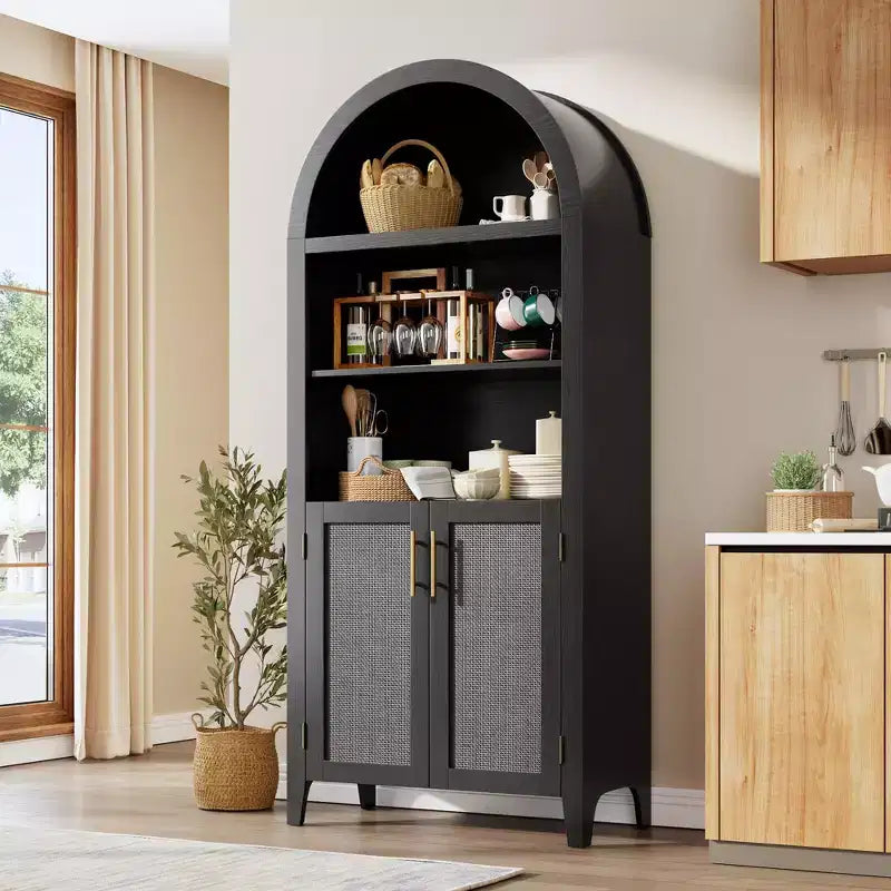 Bibliothèque en rotin arquée, étagère noire arquée avec portes, bibliothèque incurvée en bois, bibliothèque haute à 5 niveaux avec dessus rond pour salon