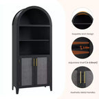 Bibliothèque en rotin arquée, étagère noire arquée avec portes, bibliothèque incurvée en bois, bibliothèque haute à 5 niveaux avec dessus rond pour salon