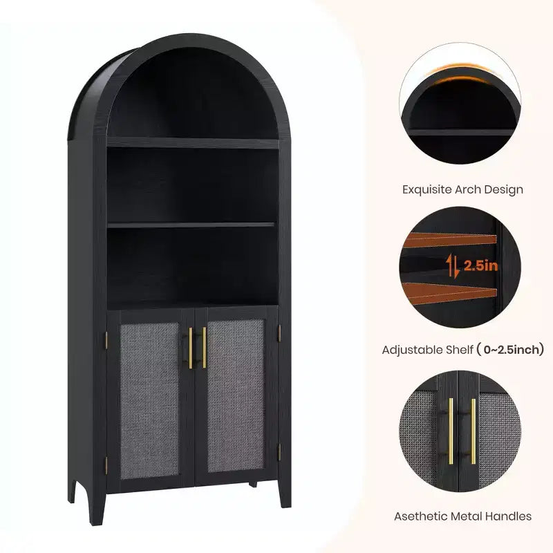 Bibliothèque en rotin arquée, étagère noire arquée avec portes, bibliothèque incurvée en bois, bibliothèque haute à 5 niveaux avec dessus rond pour salon