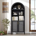 Rattan Arched Cabinet Bookshelf Black Arch Bookcase with Doors, Wooden Curved Book Case 5-Tier Tall Round Top Bookshelves for Living Room
