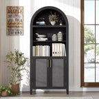 Rattan Arched Cabinet Bookshelf Black Arch Bookcase with Doors, Wooden Curved Book Case 5-Tier Tall Round Top Bookshelves for Living Room