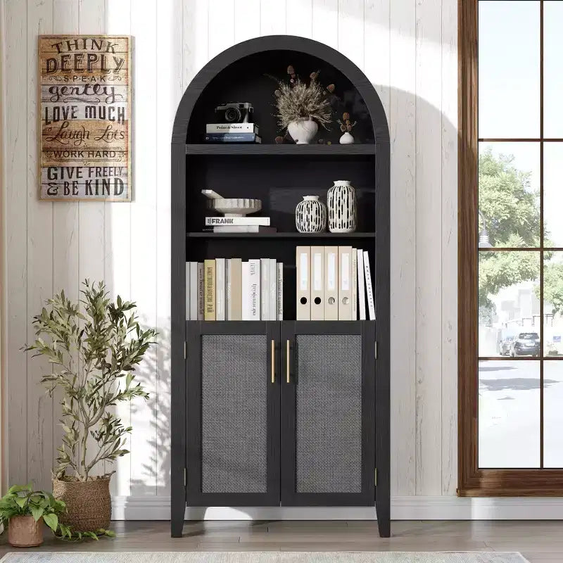 Rattan Arched Cabinet Bookshelf Black Arch Bookcase with Doors, Wooden Curved Book Case 5-Tier Tall Round Top Bookshelves for Living Room