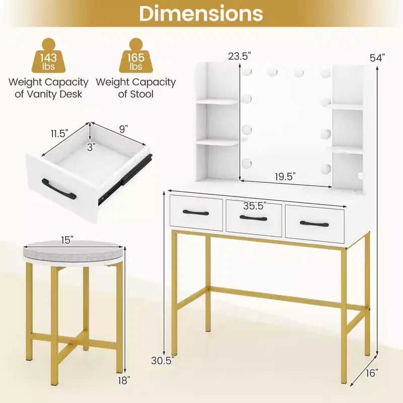Coiffeuse Costway avec Miroir Lumineux Prises Électriques 4 Étagères Ouvertes 3 Tiroirs de Rangement