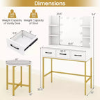 Coiffeuse Costway avec Miroir Lumineux Prises Électriques 4 Étagères Ouvertes 3 Tiroirs de Rangement
