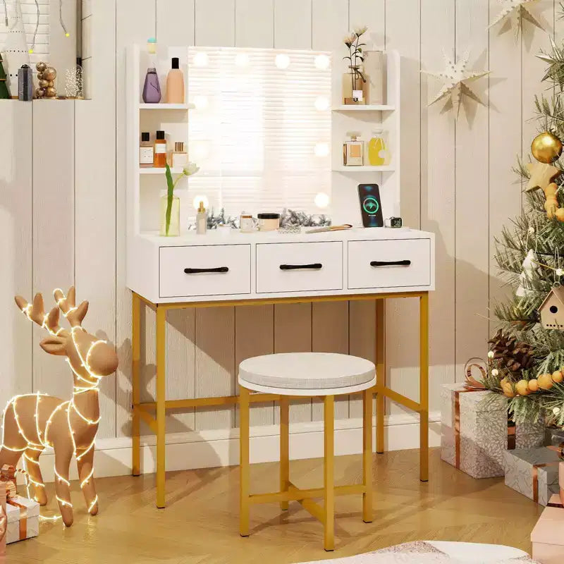 Coiffeuse Costway avec Miroir Lumineux Prises Électriques 4 Étagères Ouvertes 3 Tiroirs de Rangement