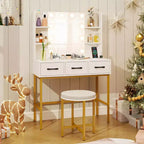 Coiffeuse Costway avec Miroir Lumineux Prises Électriques 4 Étagères Ouvertes 3 Tiroirs de Rangement