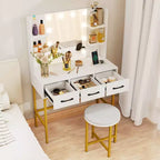 Coiffeuse Costway avec Miroir Lumineux Prises Électriques 4 Étagères Ouvertes 3 Tiroirs de Rangement