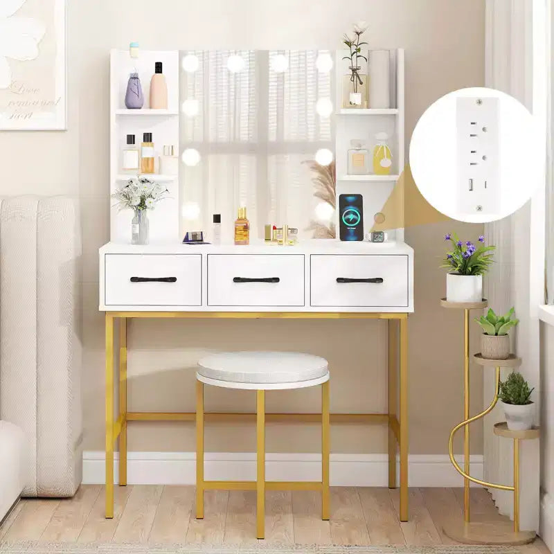 Coiffeuse Costway avec Miroir Lumineux Prises Électriques 4 Étagères Ouvertes 3 Tiroirs de Rangement