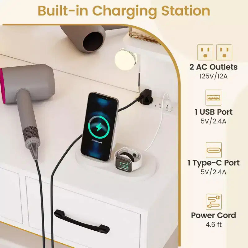 Coiffeuse Costway avec Miroir Lumineux Prises Électriques 4 Étagères Ouvertes 3 Tiroirs de Rangement