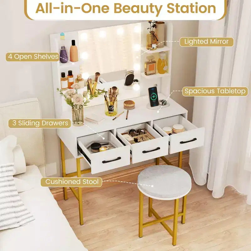 Coiffeuse Costway avec Miroir Lumineux Prises Électriques 4 Étagères Ouvertes 3 Tiroirs de Rangement