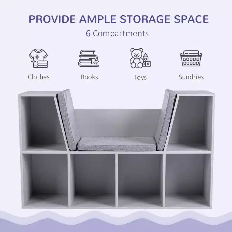 Bibliothèque pour enfants Whisen à 6 compartiments avec coin lecture et coussin, Organisateur de rangement polyvalent, Cadeau pour enfants
