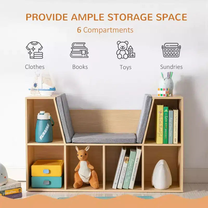 Bibliothèque pour enfants Whisen à 6 compartiments avec coin lecture et coussin, Organisateur de rangement polyvalent, Cadeau pour enfants