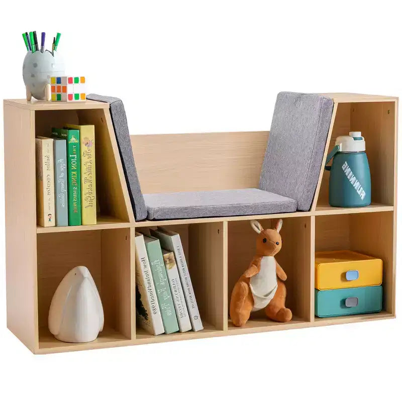 Bibliothèque pour enfants Whisen à 6 compartiments avec coin lecture et coussin, Organisateur de rangement polyvalent, Cadeau pour enfants
