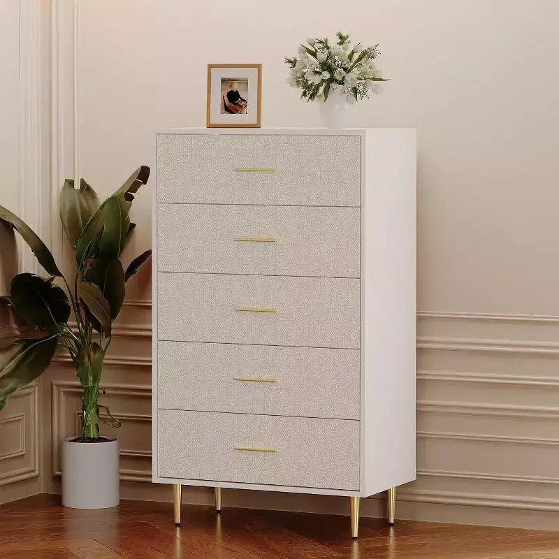 Modern White Dresser for Bedroom, Slim Drawer Dresser,Tall Narrow Chest of Drawers, Wooden Chest of Drawer with Metal Legs,(5drawers)