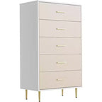 Commode moderne blanche pour chambre à coucher, commode à tiroirs étroits, chiffonnier haut et étroit, commode en bois avec pieds en métal (5 tiroirs)