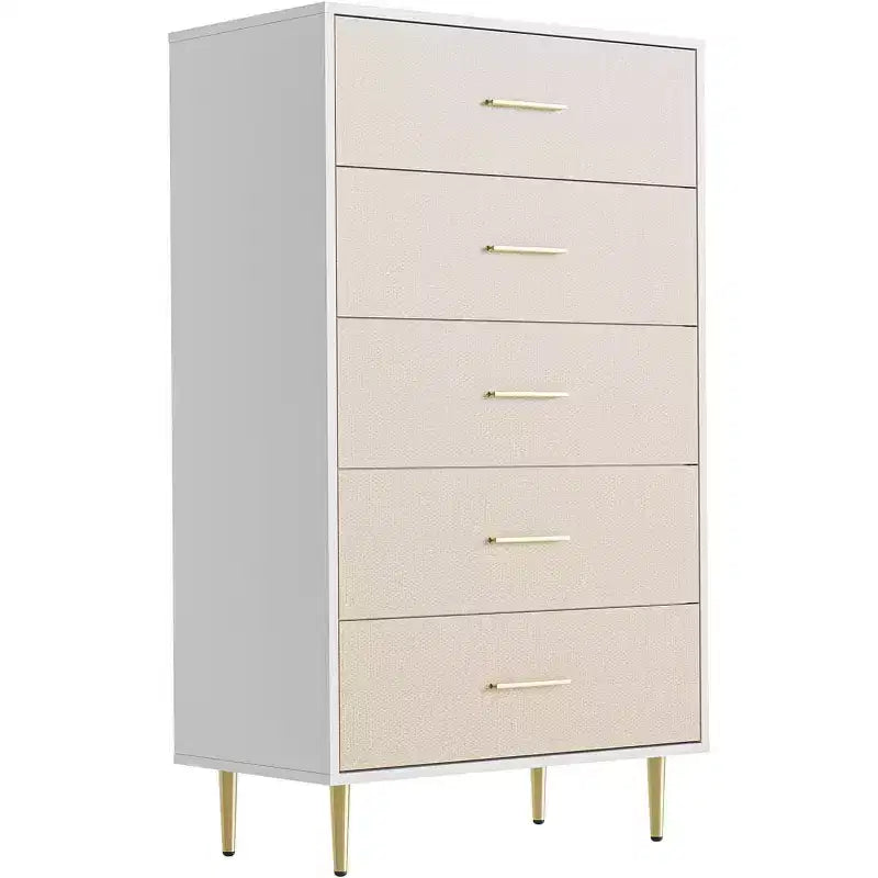 Commode moderne blanche pour chambre à coucher, commode à tiroirs étroits, chiffonnier haut et étroit, commode en bois avec pieds en métal (5 tiroirs)