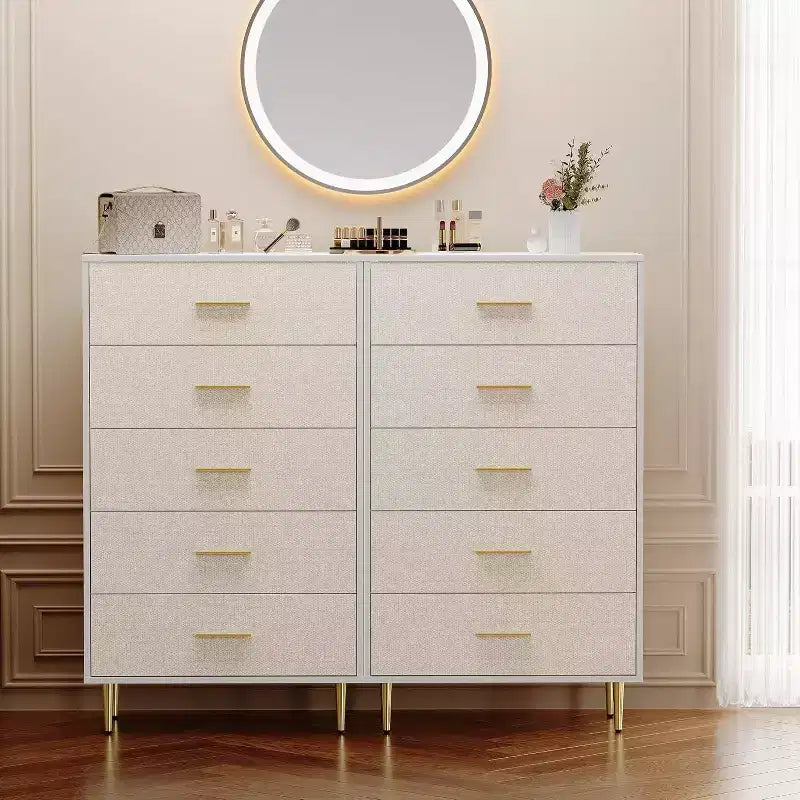 Commode moderne blanche pour chambre à coucher, commode à tiroirs étroits, chiffonnier haut et étroit, commode en bois avec pieds en métal (5 tiroirs)