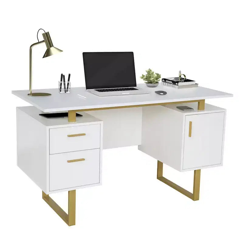 Bureau blanc et doré pour le bureau avec tiroirs et rangement