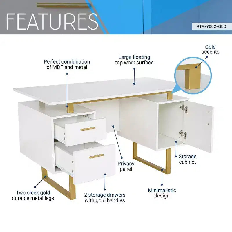 Bureau blanc et doré pour le bureau avec tiroirs et rangement