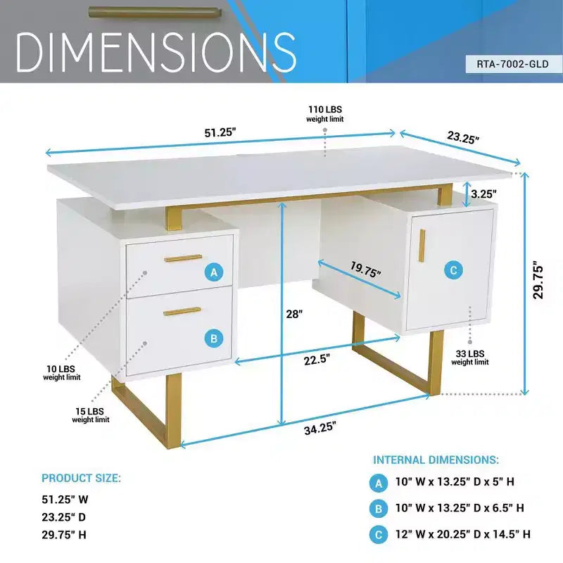 Bureau blanc et doré pour le bureau avec tiroirs et rangement