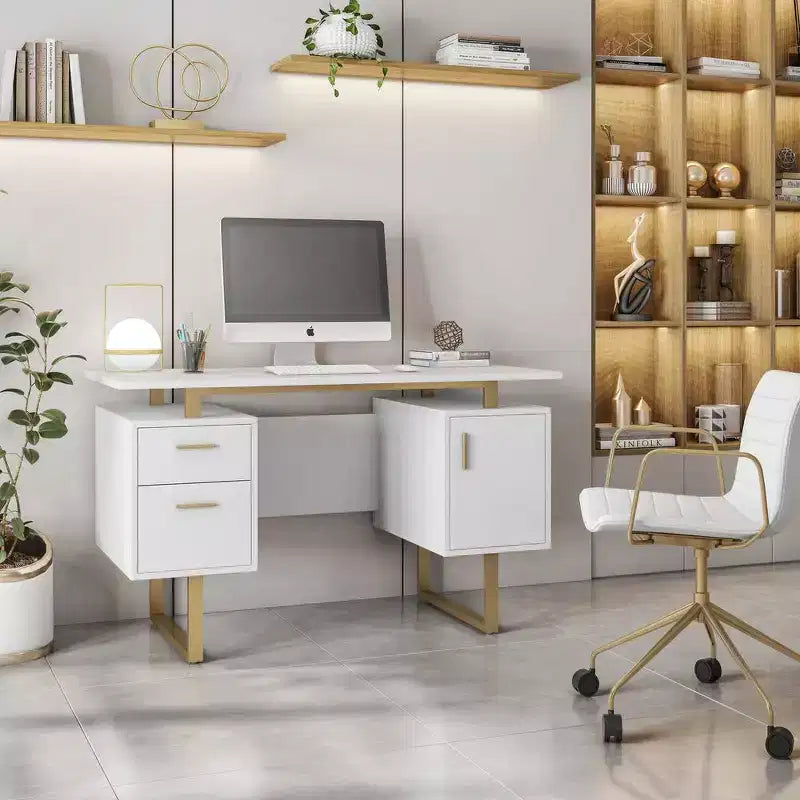 Bureau blanc et doré pour le bureau avec tiroirs et rangement