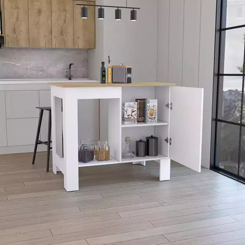 Îlot de cuisine Okak avec porte d'armoire de rangement, organiseur de comptoir avec 2 étagères internes et 1 étagère ouverte, petit îlot de cuisine pour cuisine, blanc