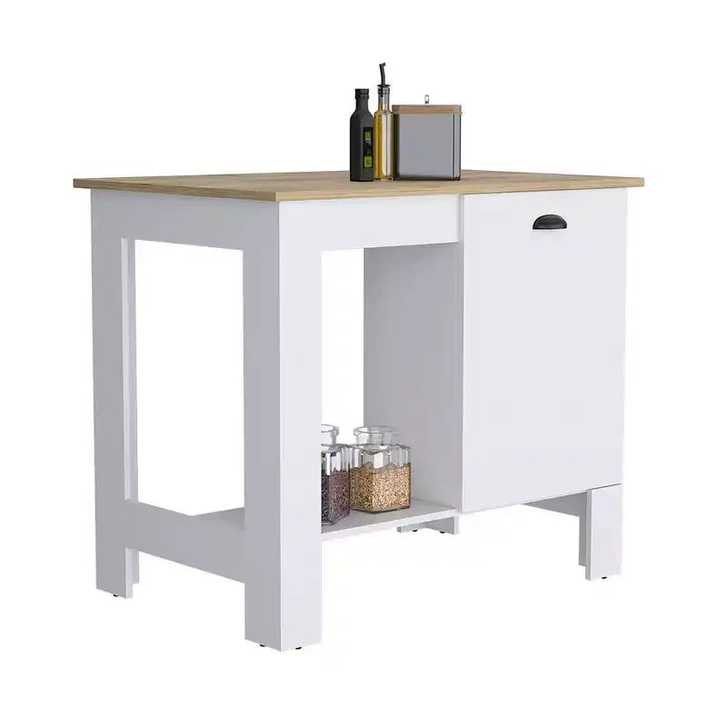 Îlot de cuisine Okak avec porte d'armoire de rangement, organiseur de comptoir avec 2 étagères internes et 1 étagère ouverte, petit îlot de cuisine pour cuisine, blanc