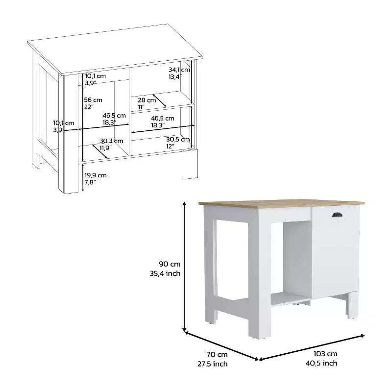 Îlot de cuisine Okak avec porte d'armoire de rangement, organiseur de comptoir avec 2 étagères internes et 1 étagère ouverte, petit îlot de cuisine pour cuisine, blanc