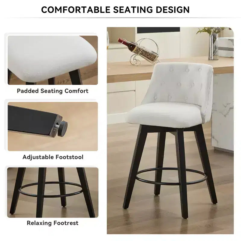 Lot de 2 tabourets de bar pivotants modernes Okak 25 de hauteur comptoir, chaises de bar rembourrées avec dossier et repose-pieds pour îlot de cuisine, café