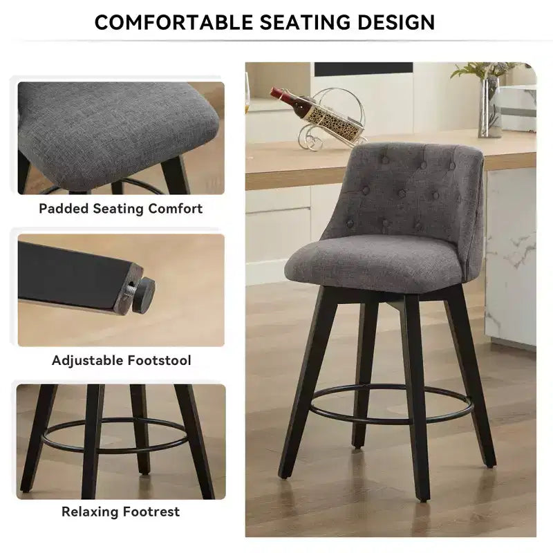 Lot de 2 tabourets de bar pivotants modernes Okak 25 de hauteur comptoir, chaises de bar rembourrées avec dossier et repose-pieds pour îlot de cuisine, café
