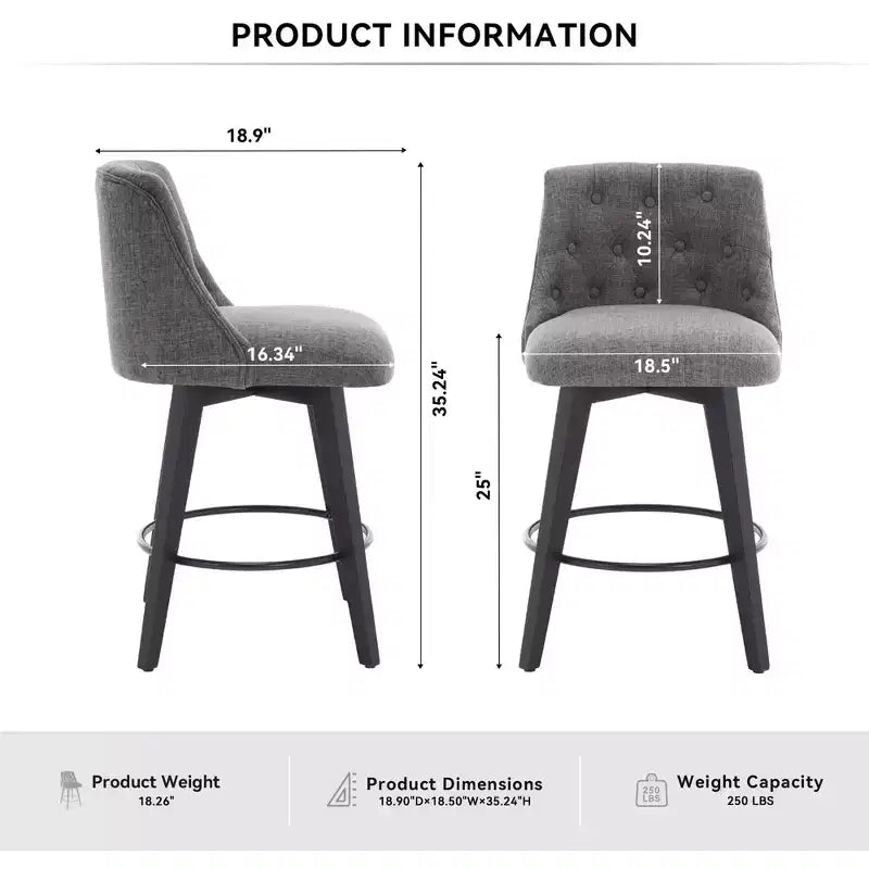 Lot de 2 tabourets de bar pivotants modernes Okak 25 de hauteur comptoir, chaises de bar rembourrées avec dossier et repose-pieds pour îlot de cuisine, café