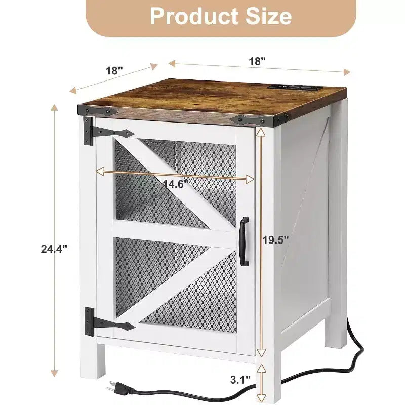 Bout de canapé de ferme avec station de recharge, table de chevet rustique de 45 cm avec porte coulissante et étagère de rangement réglable, table d'appoint de canapé en bois avec rangement