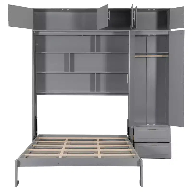 Lit escamotable Queen Murphy avec armoire, lit mural pliant Queen Size avec armoire de rangement et étagères pour chambre d'amis