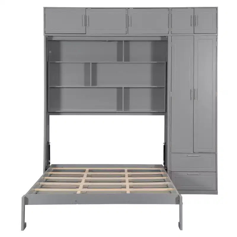 Lit escamotable Queen Murphy avec armoire, lit mural pliant Queen Size avec armoire de rangement et étagères pour chambre d'amis