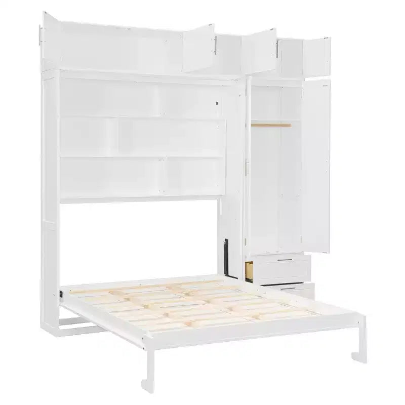 Lit escamotable Queen Murphy avec armoire, lit mural pliant Queen Size avec armoire de rangement et étagères pour chambre d'amis