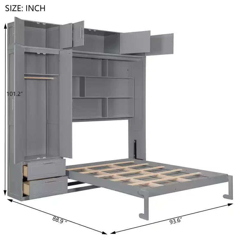 Lit escamotable Queen Murphy avec armoire, lit mural pliant Queen Size avec armoire de rangement et étagères pour chambre d'amis