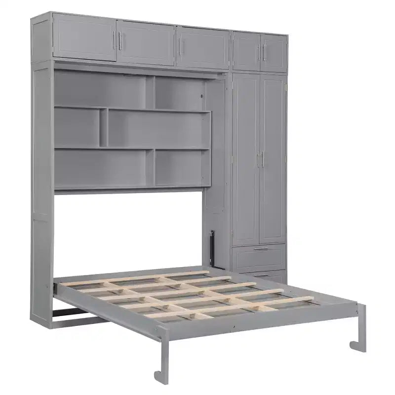 Lit escamotable Queen Murphy avec armoire, lit mural pliant Queen Size avec armoire de rangement et étagères pour chambre d'amis