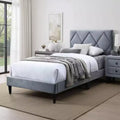 Royal Hampton Full Size Bed, Tufted Gray Velvet Upholstery, Diamond Stitch