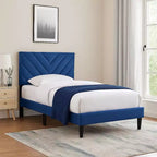 Royal Hampton Twin Bed, Tufted Navy Blue Velvet Upholstery, Chevron Stitch