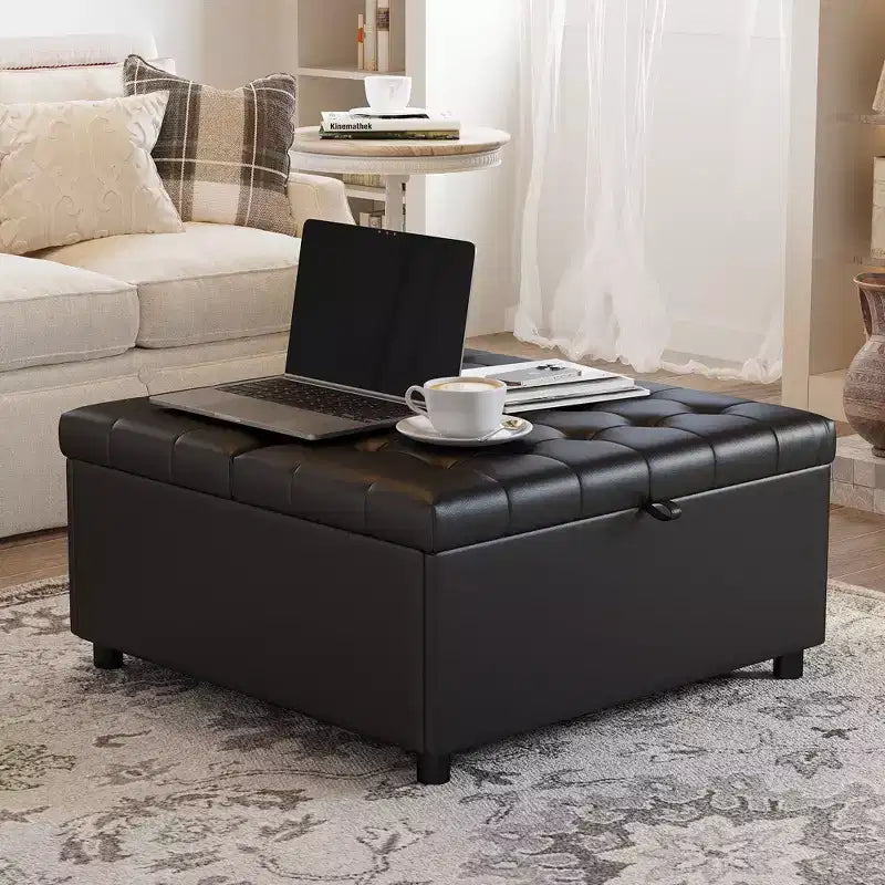 TYBOATLE Pouf carré de 90 cm avec rangement, grande table basse de pouf, pouf de 227 kg avec rangements pour le salon, noir
