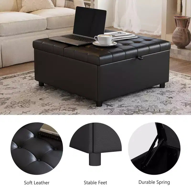 TYBOATLE Pouf carré de 90 cm avec rangement, grande table basse de pouf, pouf de 227 kg avec rangements pour le salon, noir