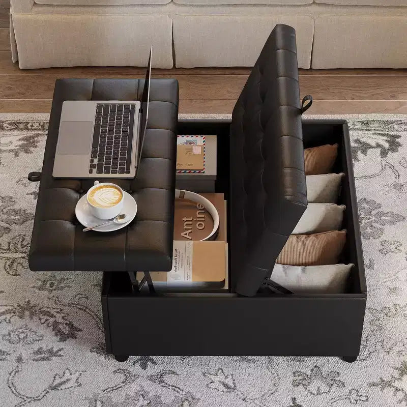 TYBOATLE Pouf carré de 90 cm avec rangement, grande table basse de pouf, pouf de 227 kg avec rangements pour le salon, noir