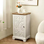 Table d'appoint sculptée de fleurs ornementales eHemco avec rangement, 18 x 14 x 30,5 pouces, meuble de salon de style rétro, naturel et blanc