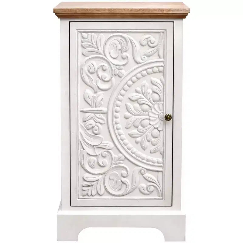 Table d'appoint sculptée de fleurs ornementales eHemco avec rangement, 18 x 14 x 30,5 pouces, meuble de salon de style rétro, naturel et blanc