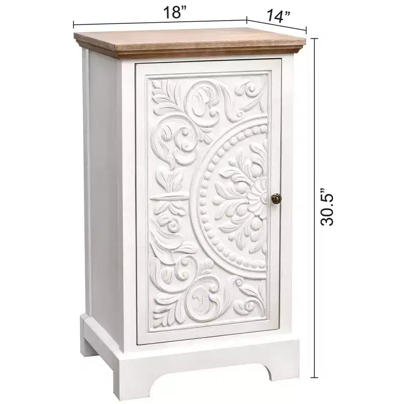 Table d'appoint sculptée de fleurs ornementales eHemco avec rangement, 18 x 14 x 30,5 pouces, meuble de salon de style rétro, naturel et blanc