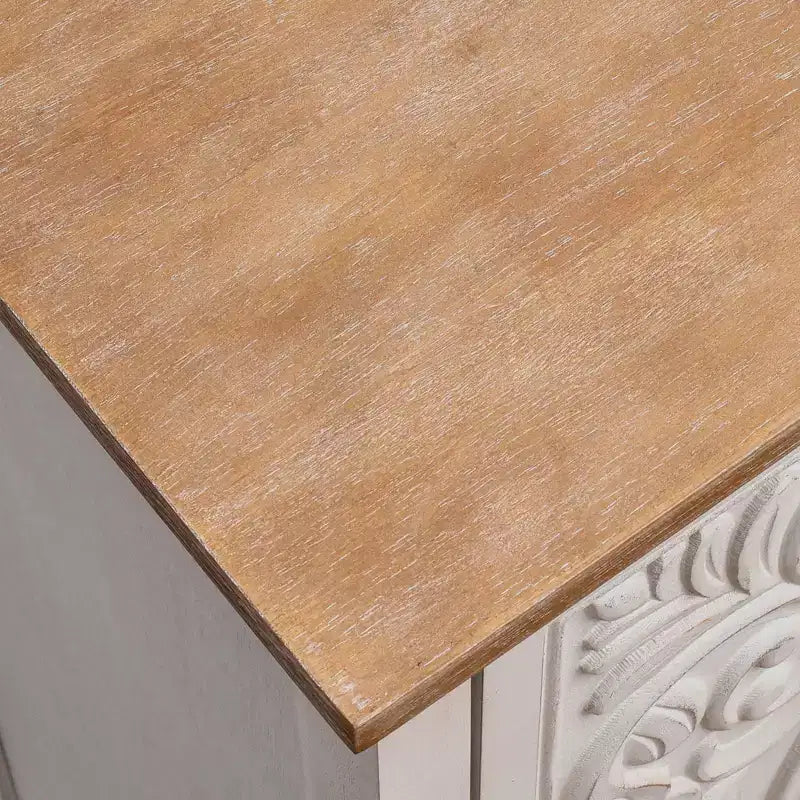Table d'appoint sculptée de fleurs ornementales eHemco avec rangement, 18 x 14 x 30,5 pouces, meuble de salon de style rétro, naturel et blanc