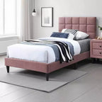 Royal Hampton Twin Bed, Tufted Pink Linen Upholstery, Biscuit Tufted Stitch