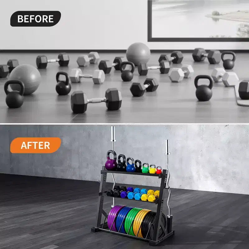 Supports de rangement pour haltères à 3 niveaux, capacité de 450 kg, support de poids réglable pour haltères, kettlebells, barres d'haltères (acier au carbone Q235)