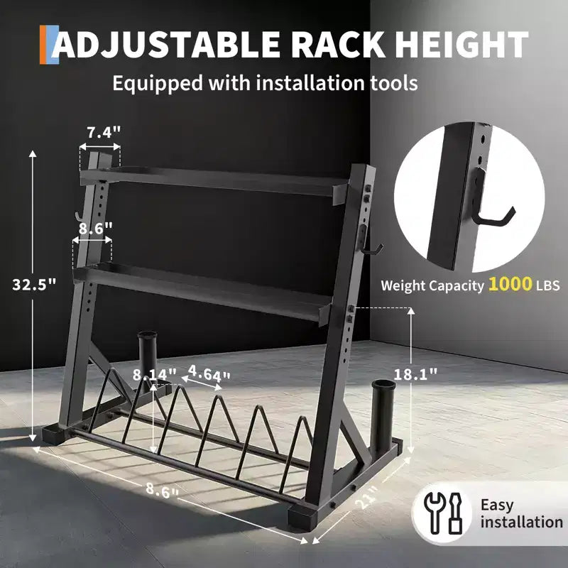 Supports de rangement pour haltères à 3 niveaux, capacité de 450 kg, support de poids réglable pour haltères, kettlebells, barres d'haltères (acier au carbone Q235)